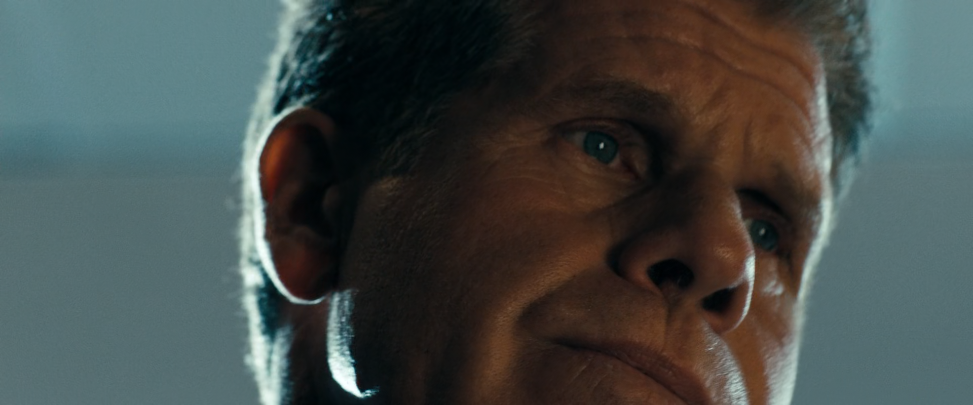 A man's warmly lit face emerges from shadow against a cool blue-grey background.