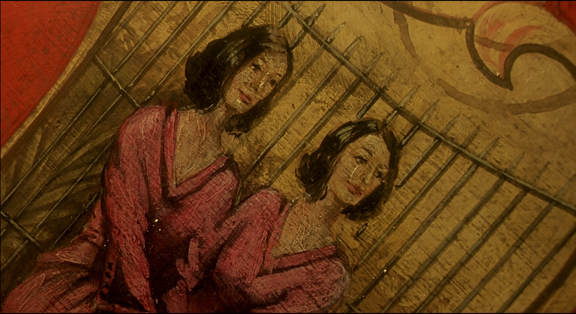 Shot 0432 from The City of Lost Children. Muted pink illustration is an unusual soft register inside the green-amber world.