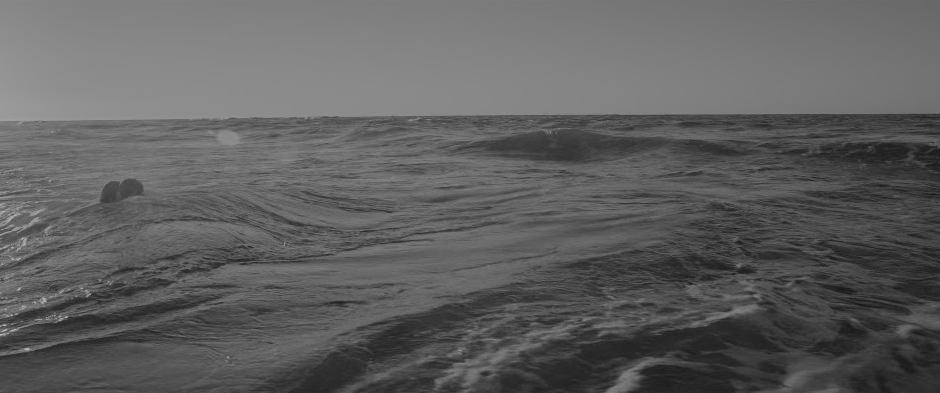Open sea photographed from close to the water, filling almost the entire frame, with a narrow band of flat pale sky above a high horizon. Waves run diagonally toward the camera, breaking into pale foam in places. Two small dark heads are just visible in the water at the left, and a faint round bloom of flare sits over the water at the upper left.