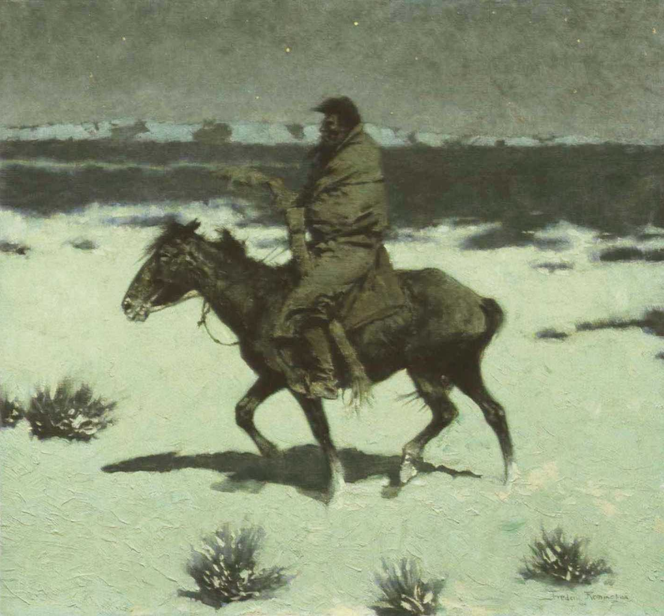 A blanketed rider crossing moonlit snow, reproduced with a green cast.