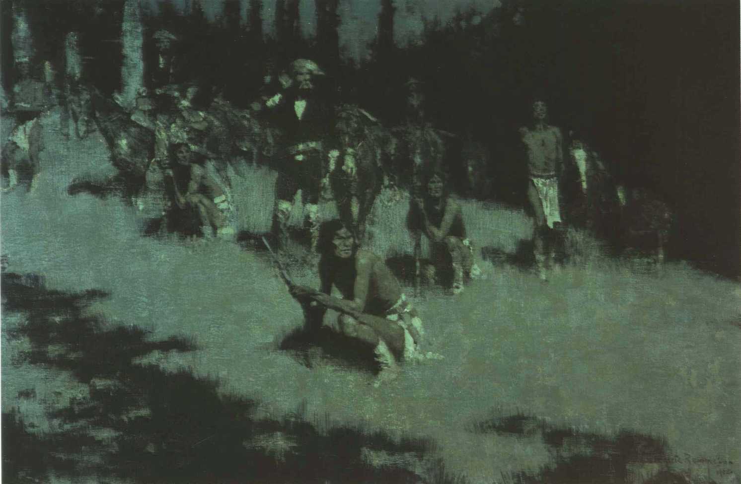 Figures and a deer in a green-lit forest clearing at night.