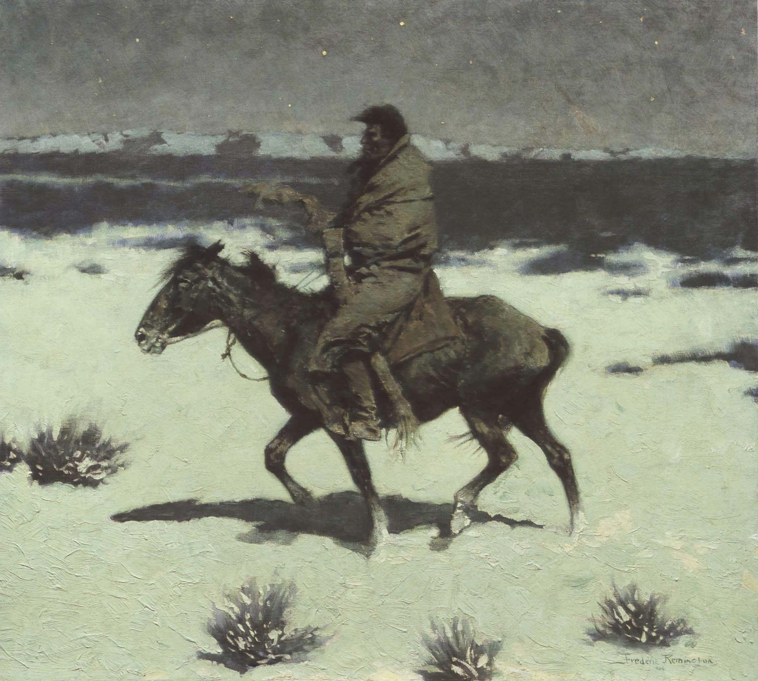 The same painting of a blanketed rider crossing moonlit snow, reproduced with a blue-grey cast.