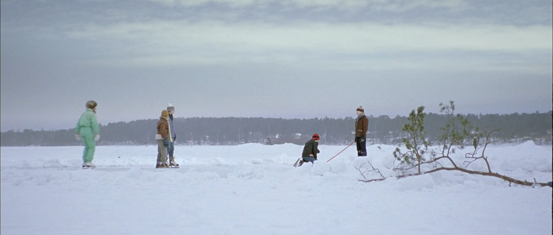 Several people stand and kneel across a broad frozen lake under a pale sky, with a fallen branch in the snow and a dark forest line on the horizon.